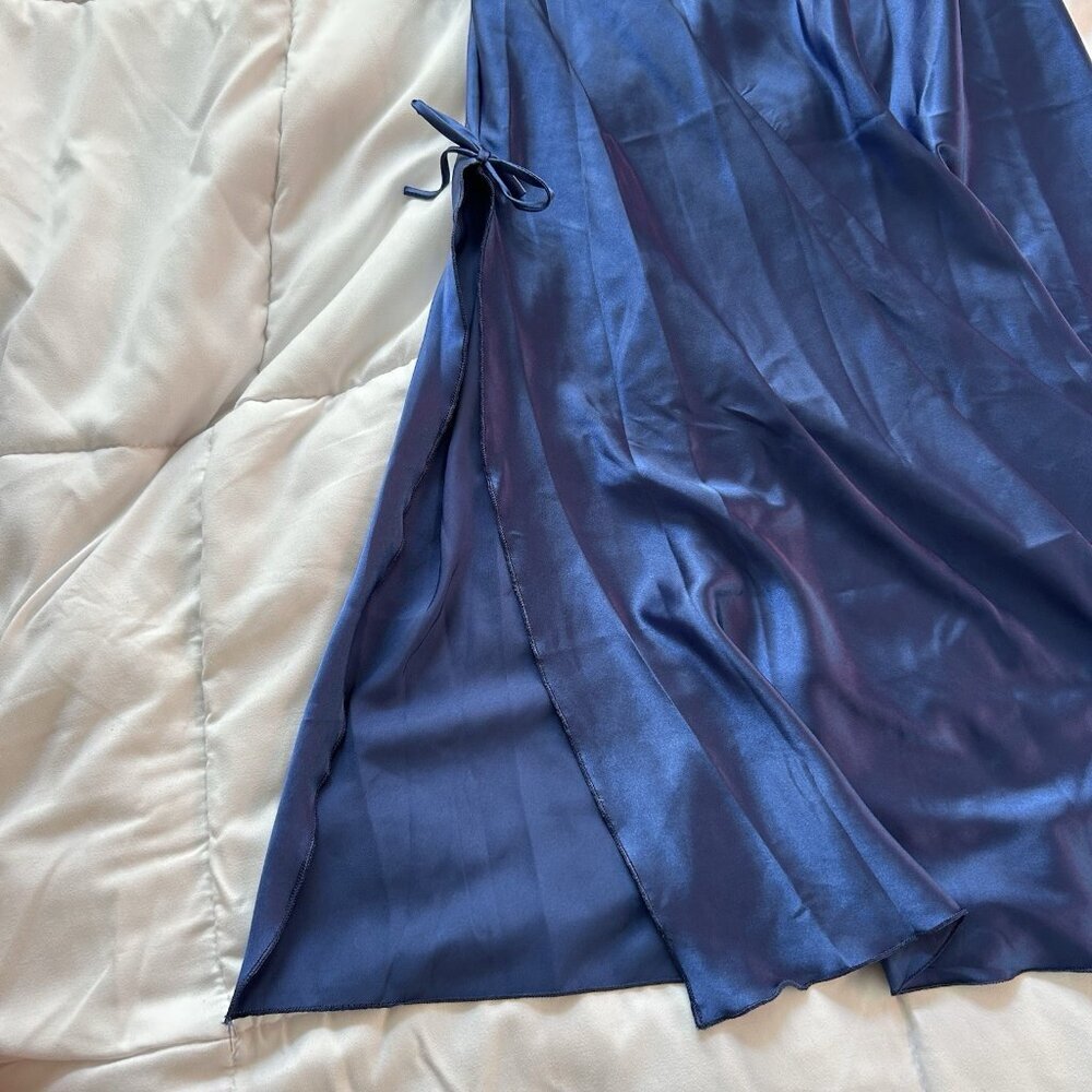 Womens Y2K Retro Blue Maxi Dress Slip Chemise Babydoll L Gown Navy High Slit - Picture 7 of 10